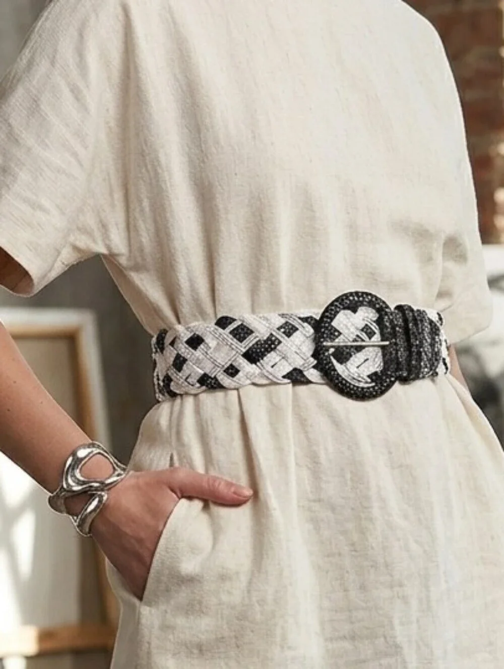 Black White Mixed Textiles Braided Chunky Belt